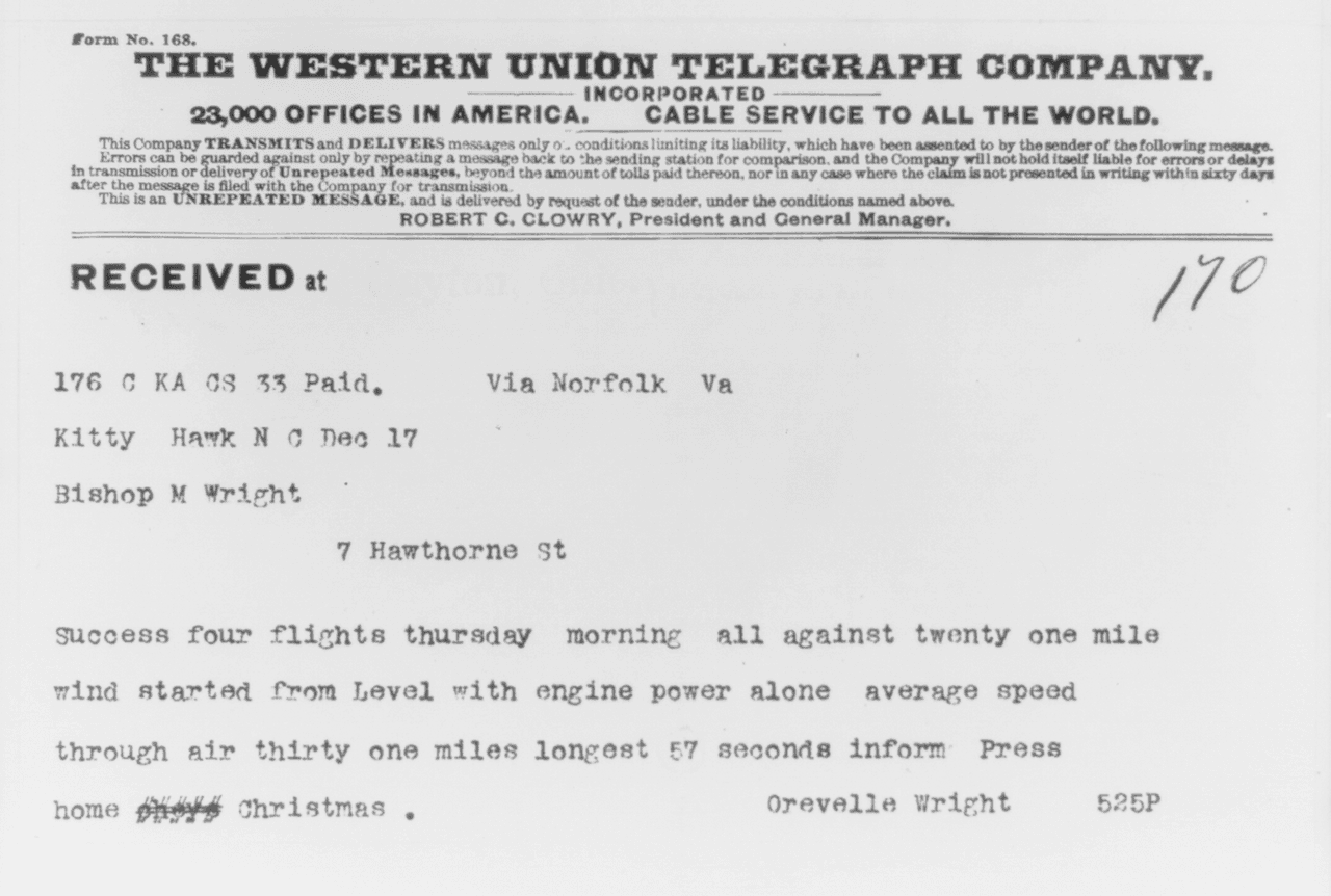 Western Union telegram form dated 17 December 1903, typed in capitals, announcing four successful flights.
